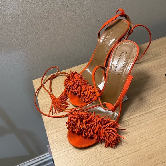 Aquazzura Firenze Wild Thing 105 Fringe Suede Sandals Heels Red Orange